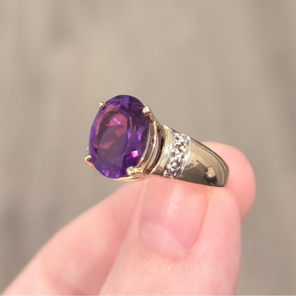Vintage 10K Amethyst Ring: Diamond Accent Oval Solitaire Open Setting Size 6.75 - Picture 11 of 16
